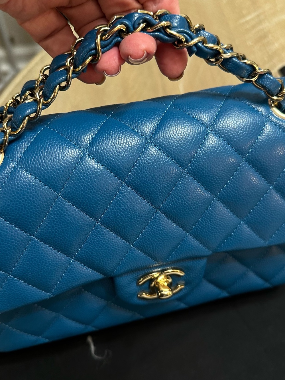CHANEL Small Quilted Top Handle Shoulder Bag in Teal Blue with Gold Hardware